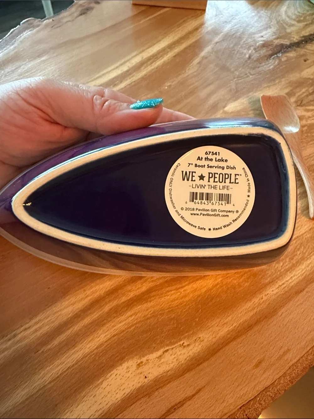 Blue & White Boat Shaped Serving Bowl with Oar Serving Spoon